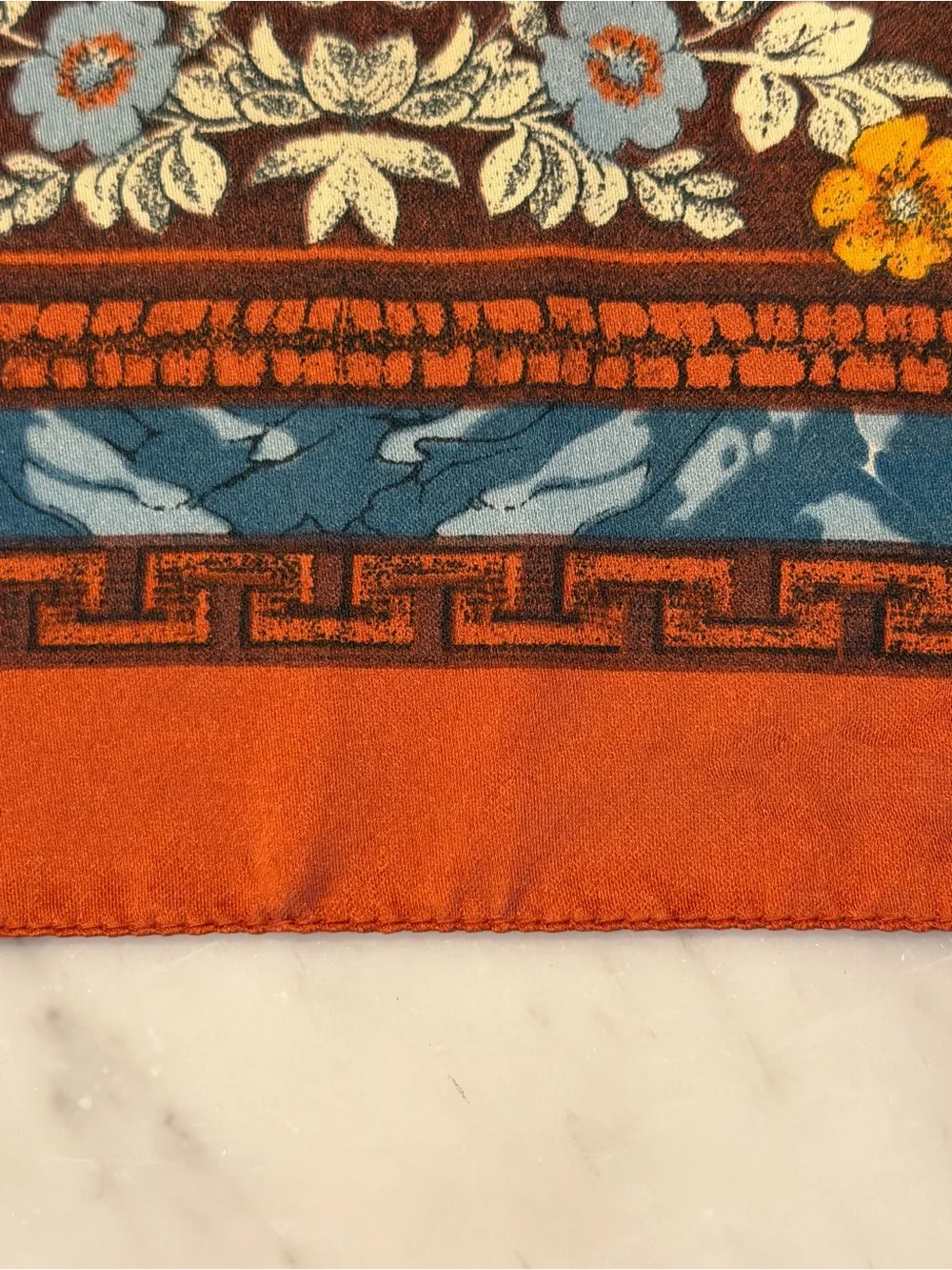 MADE IN ITALY Floral Border Silk Square Scarf in Rust & Slate Blue 30x30